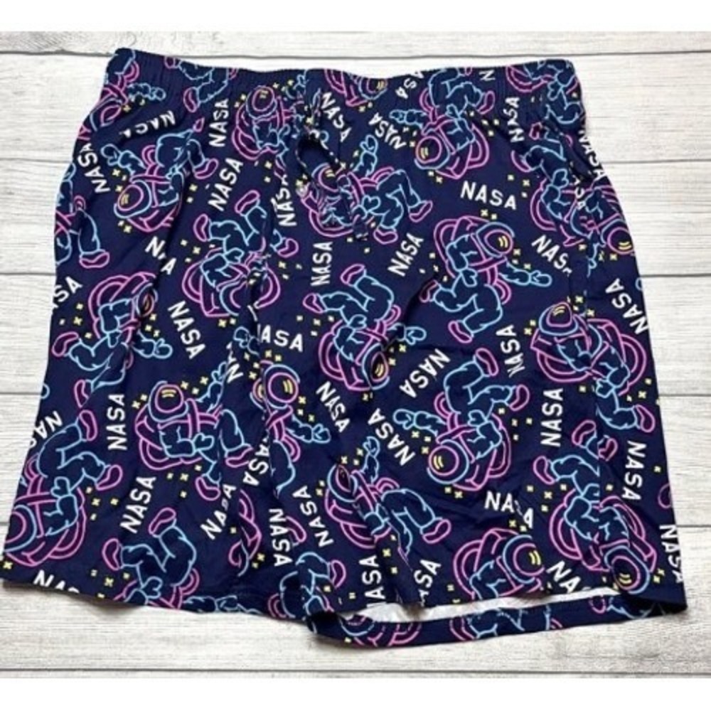 NASA Mens Lounge Sleep Shorts XL Navy Neon Astronaut Print Pajama Bottoms